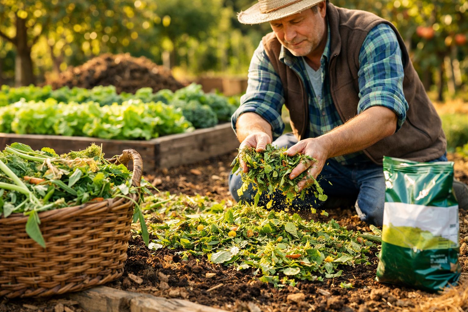 Homem a fazer compostagem com resíduos verdes num jardim ensolarado com canteiros de plantas ao fundo.