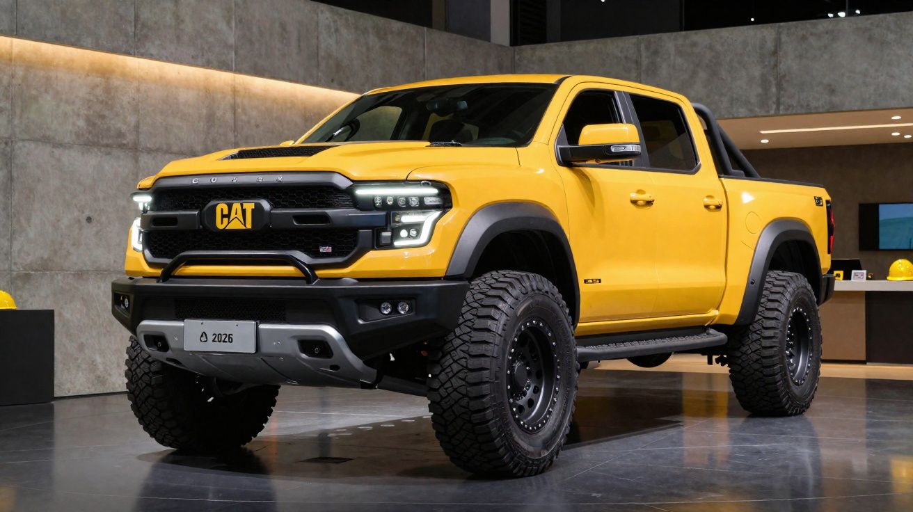 Pickup amarela CAT com pneus off-road, mostrada numa exposição interior moderna.