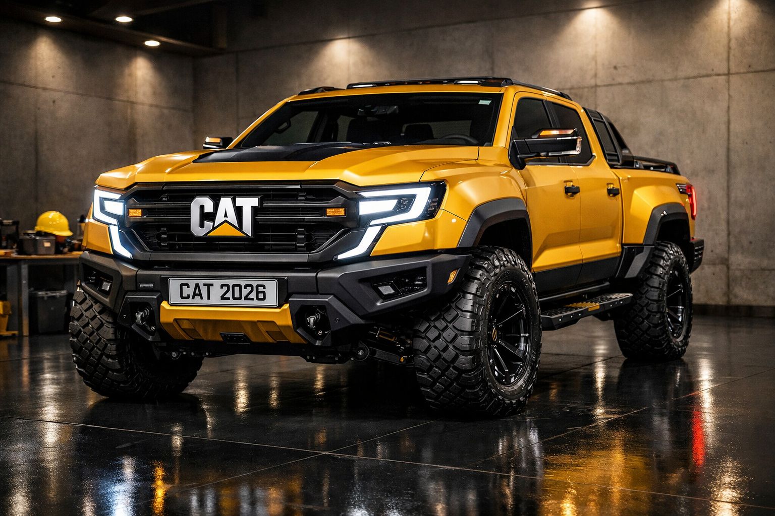 Picape amarela CAT 2026 com design robusto, pneus grandes e iluminação LED numa garagem industrial.