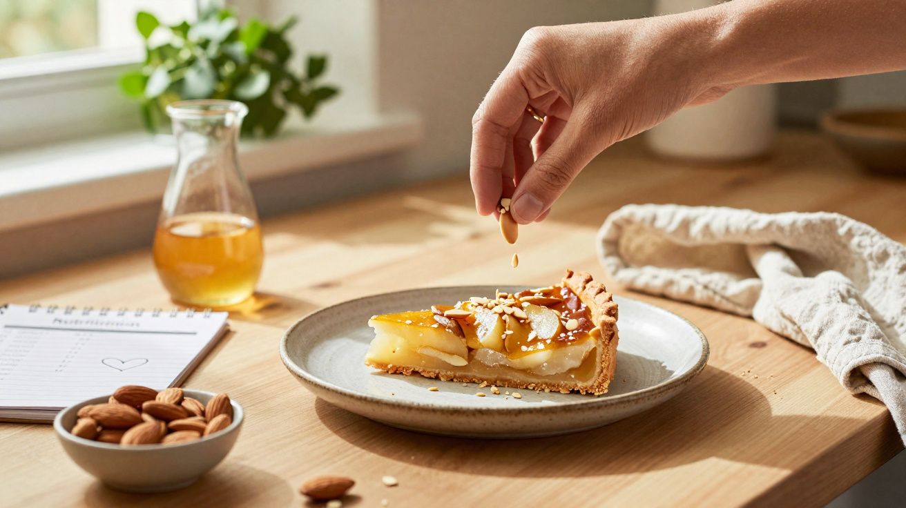 Mão a polvilhar amêndoas sobre uma fatia de tarte de maçã numa mesa de madeira com jarro e caderno.