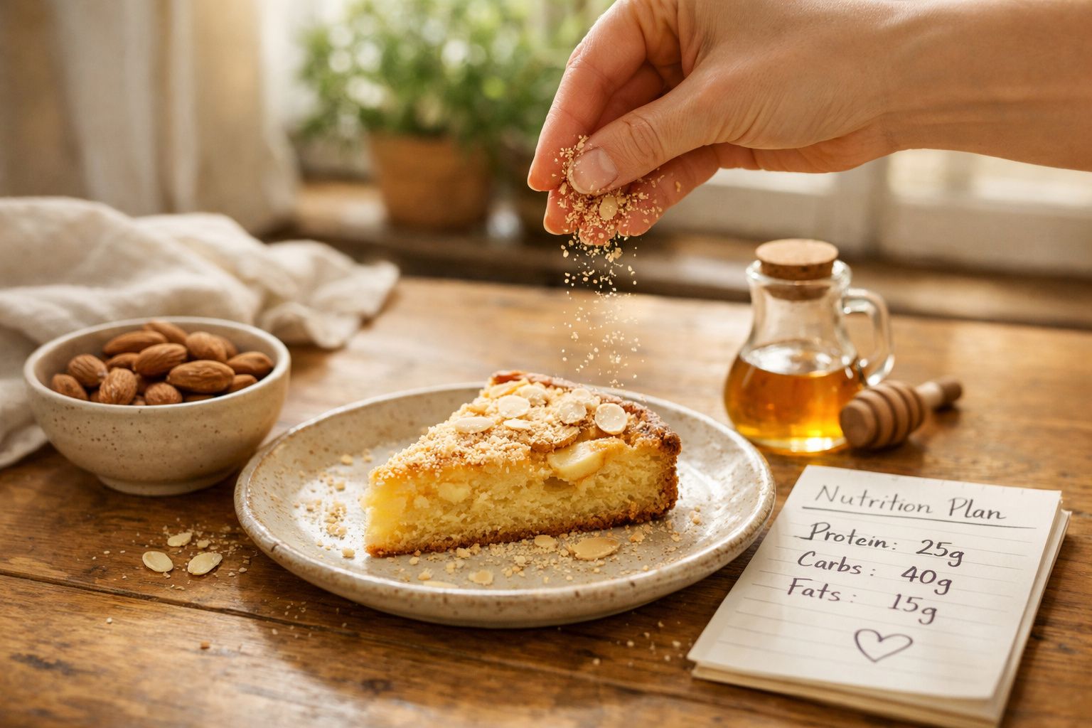 Mão a polvilhar amêndoa triturada numa fatia de bolo com amêndoas e frasco de mel junto a plano nutricional.