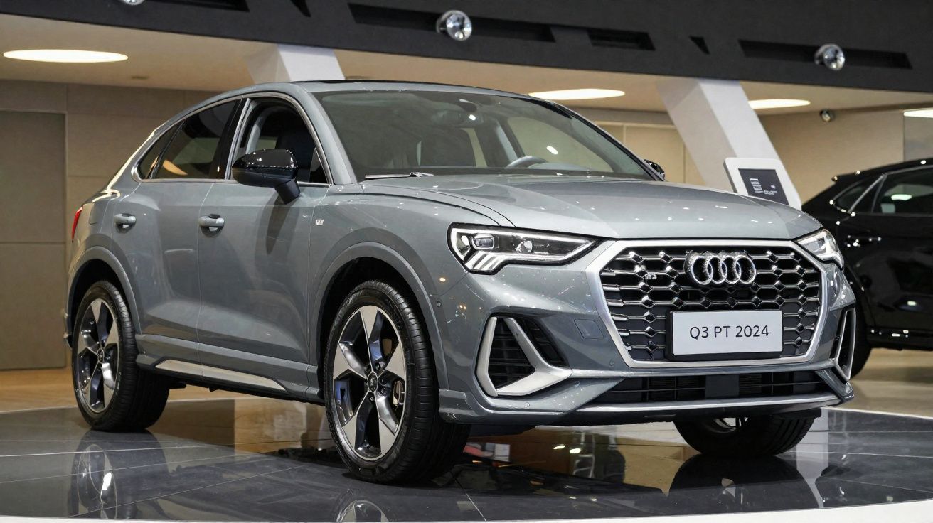 Audi Q3 PT 2024 cinzento estacionado em showroom, vista frontal ligeiramente lateral direita.