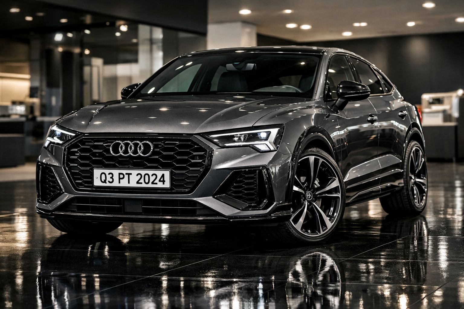 Audi Q3 cinza escuro estacionado em interior com piso reflexivo e iluminação ambiente.
