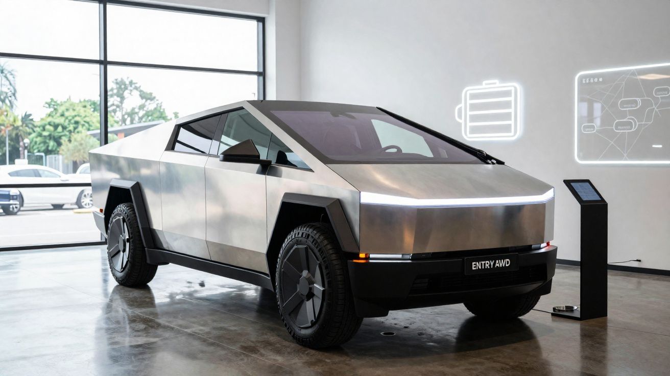 Carro elétrico futurista prateado com design angular exposto numa sala moderna com janelas grandes.