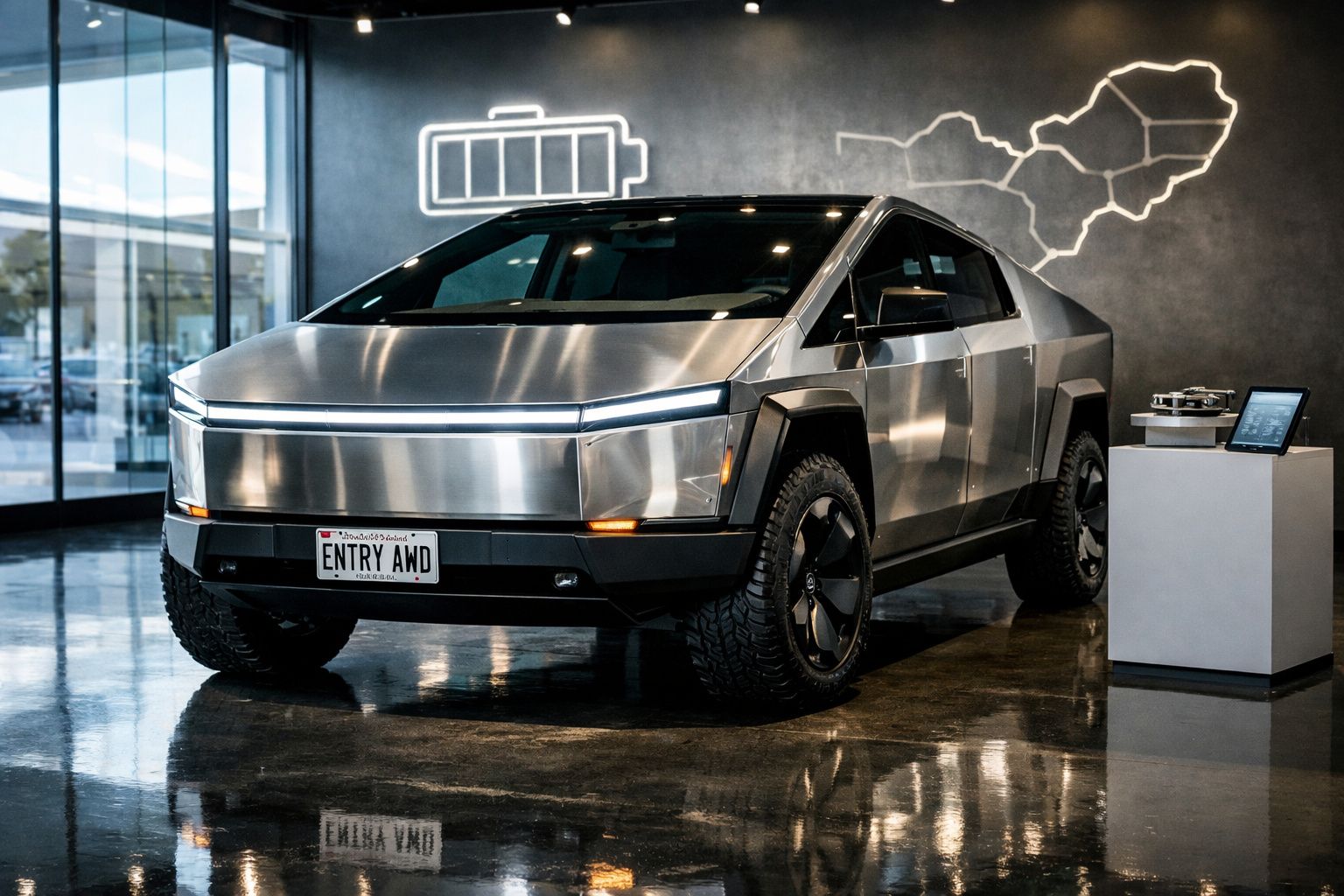 Carro elétrico prateado futurista em exposição interna com símbolo de bateria iluminada na parede atrás.