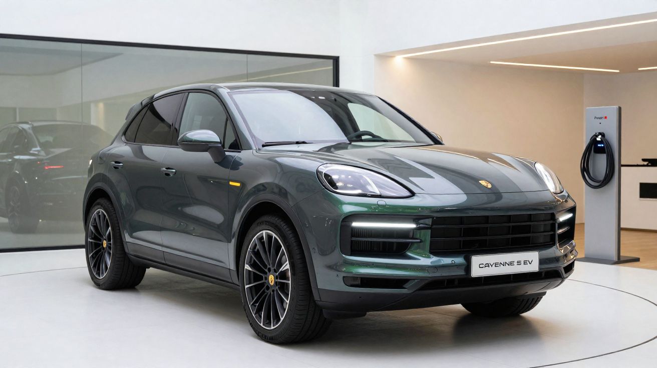Porsche Cayenne S EV cinza estacionado numa sala com parede branca e ponto de carregamento elétrico.