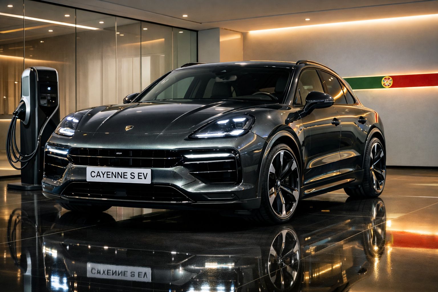 Veículo Porsche Cayenne S EV cinza estacionado em interior com carregador elétrico à esquerda.