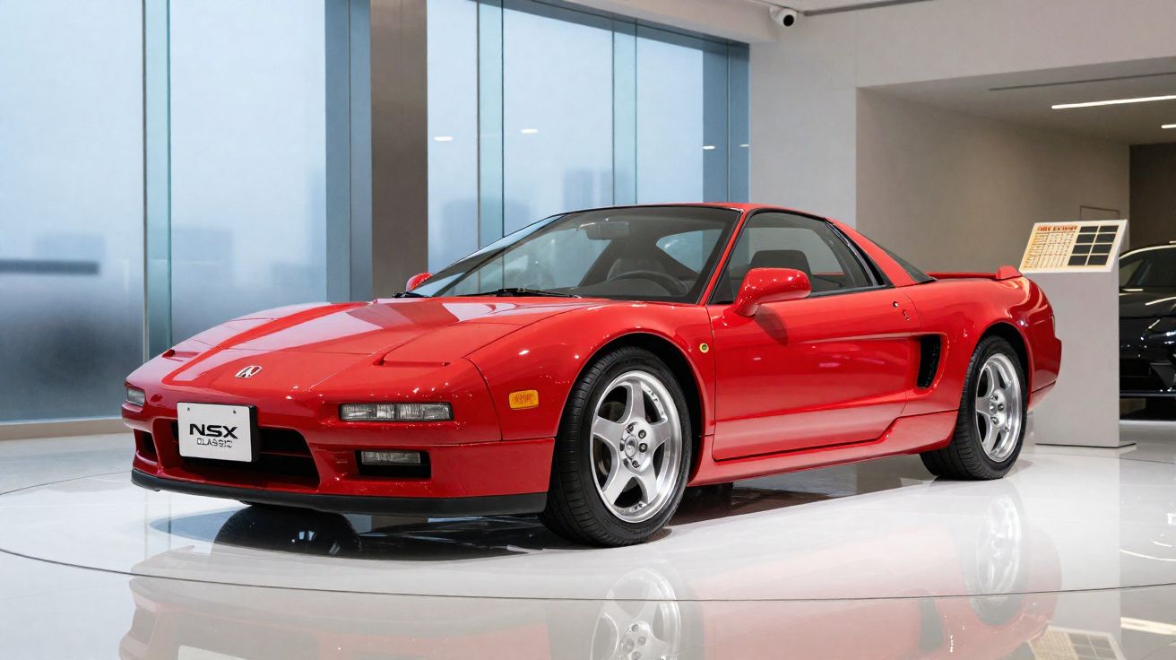 Carro desportivo vermelho Acura NSX Classic exposto num salão moderno e luminoso.