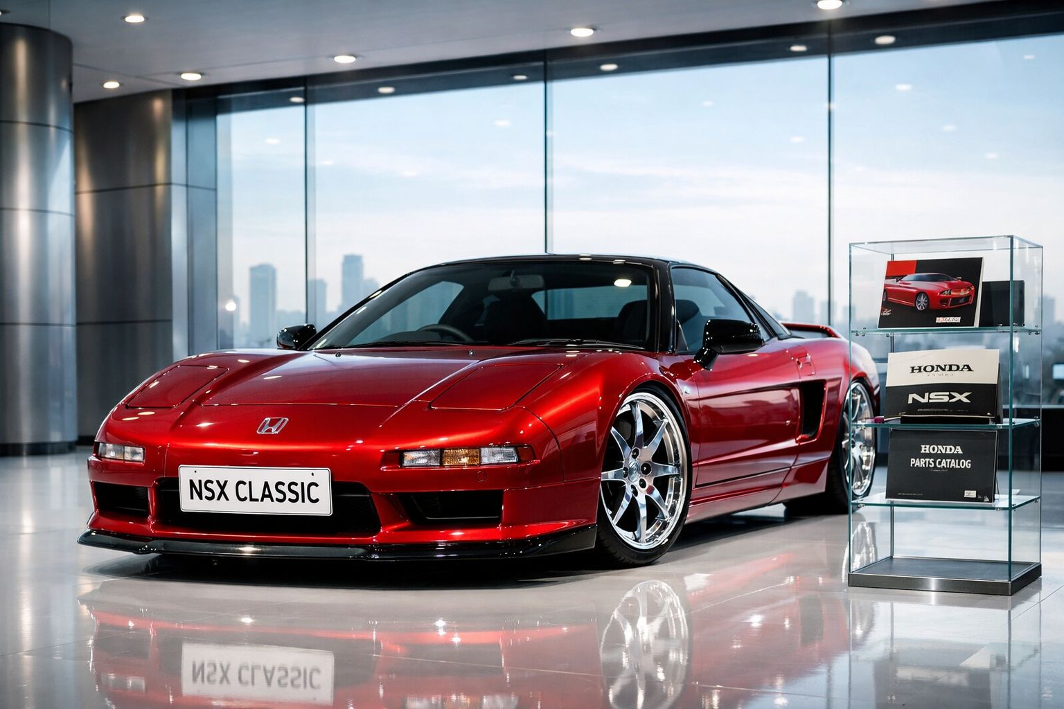 Carro desportivo Honda NSX Classic vermelho exposto em interior moderno com catálogo de peças ao lado.