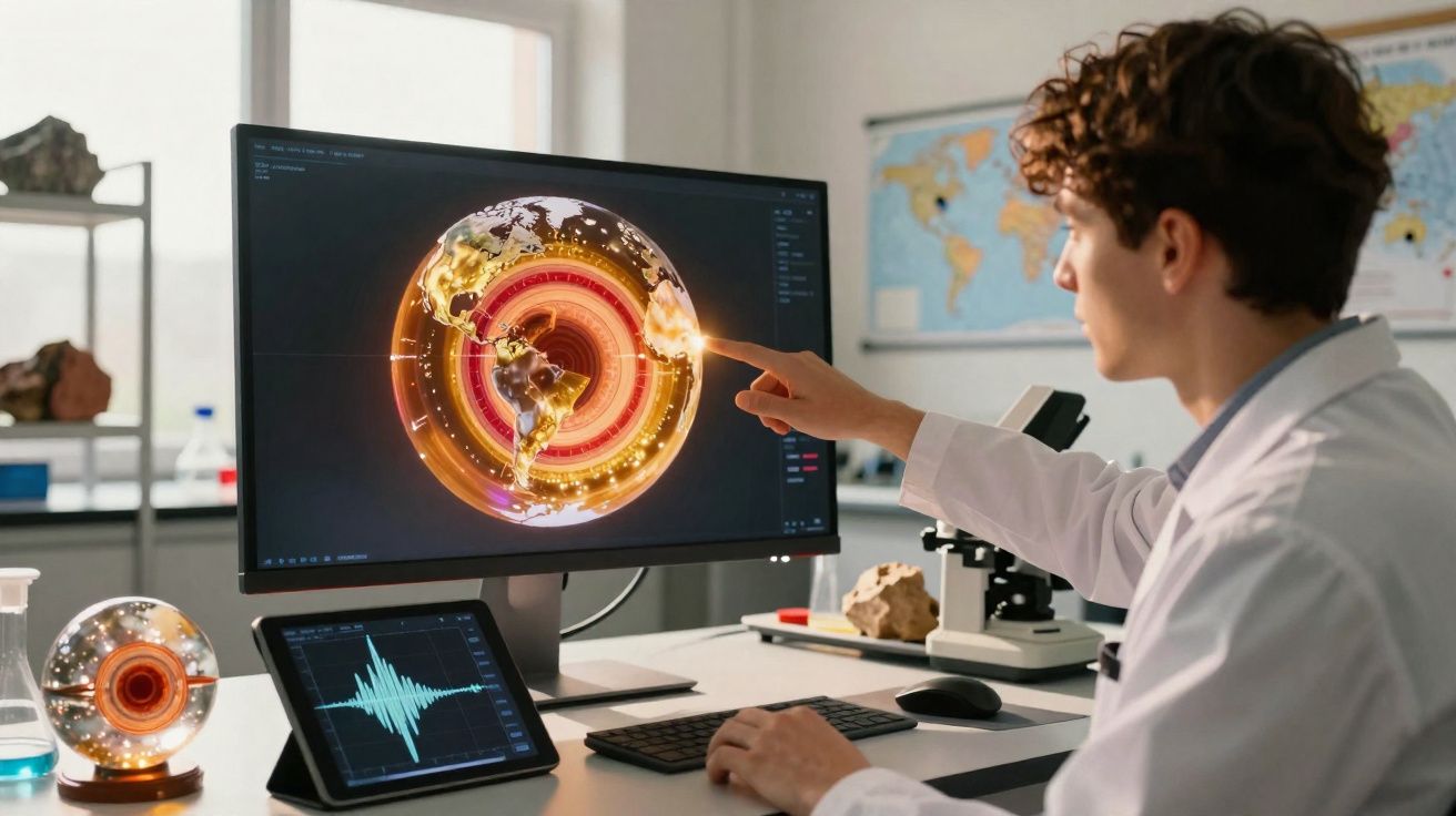 Cientista num laboratório analisa modelo digital iluminado da Terra num ecrã de computador.