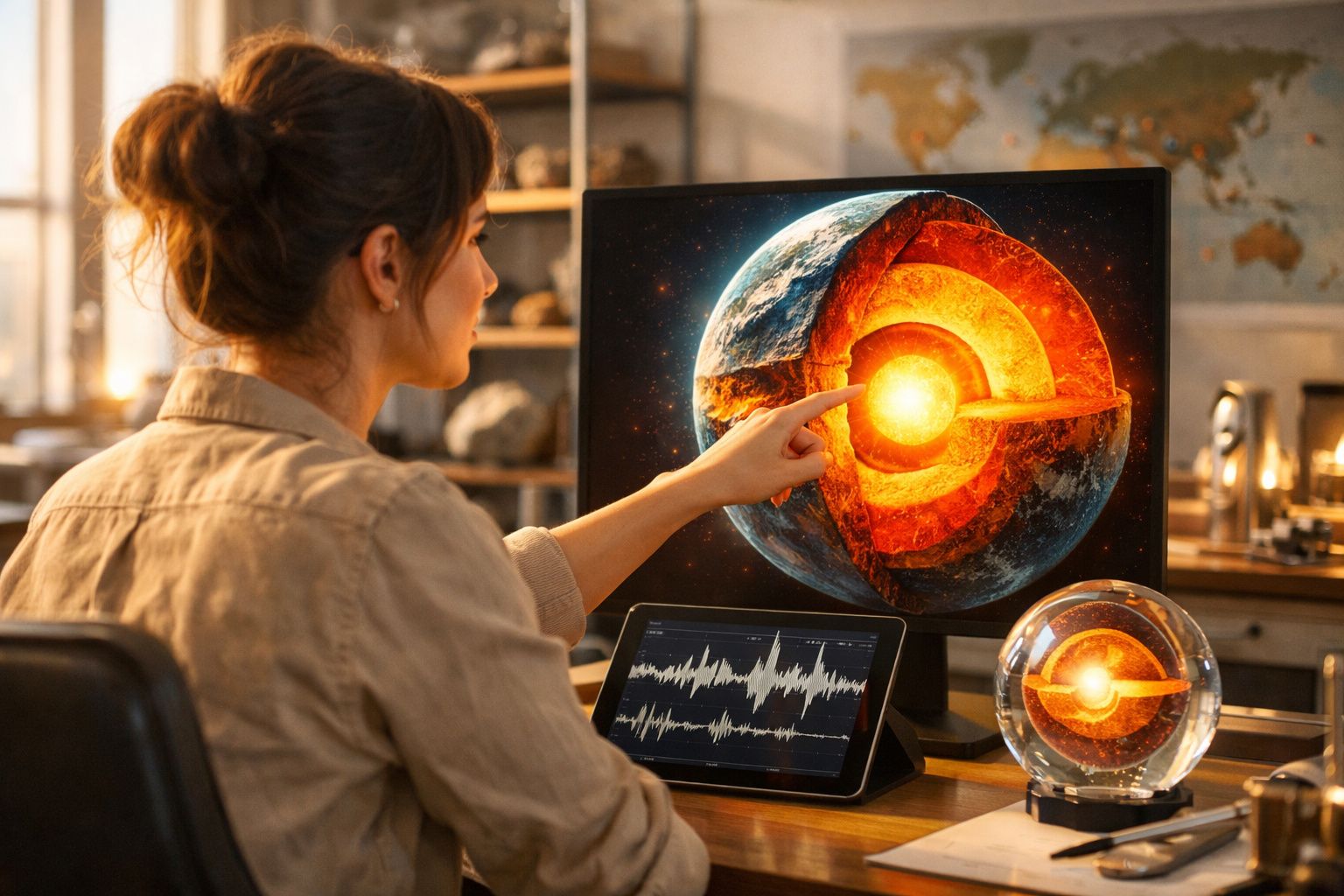 Mulher analisa modelo do núcleo da Terra em ecrã e esfera, com gráfico sísmico num tablet.