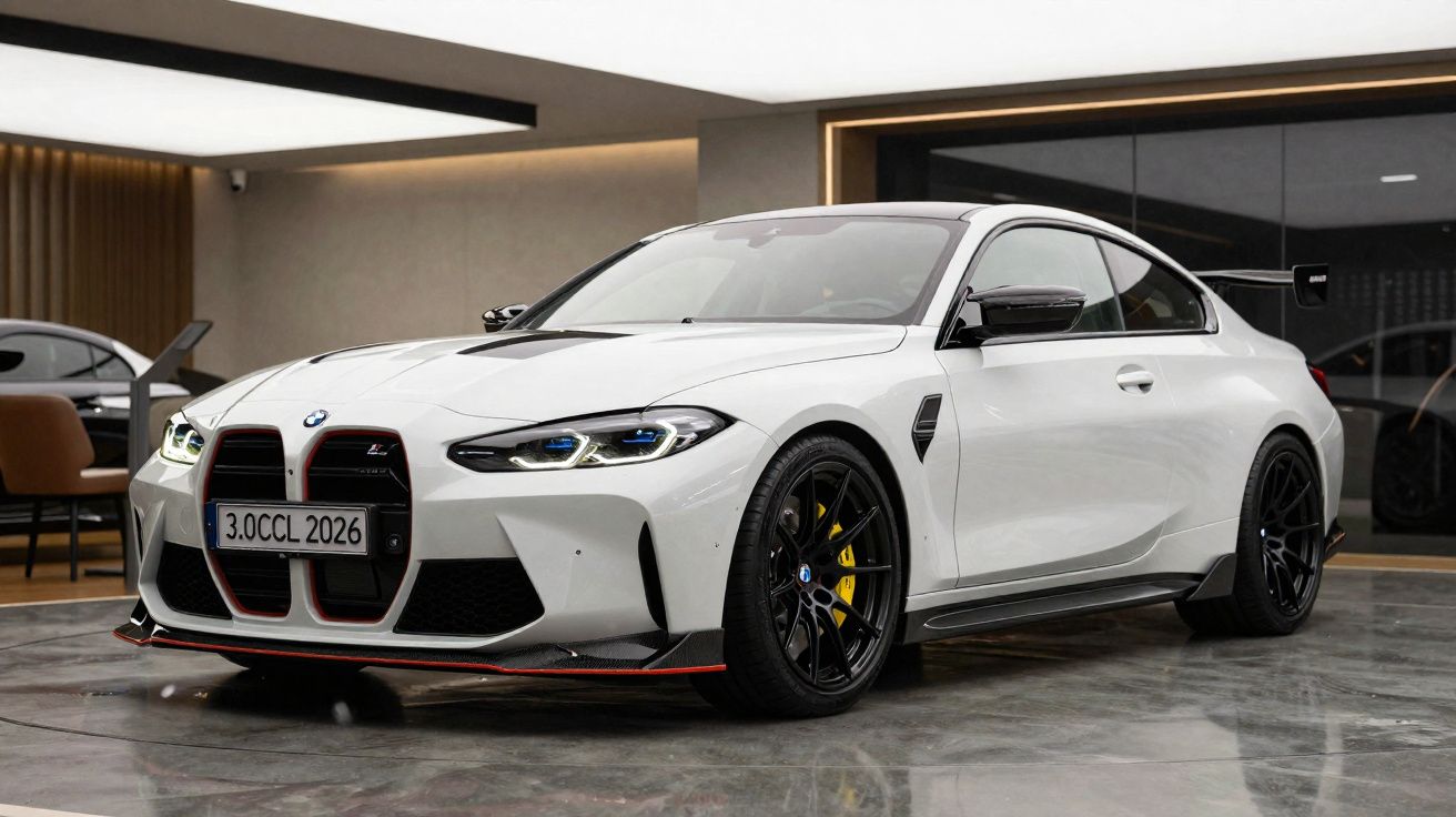 Carro desportivo BMW branco com jantes pretas e detalhes em amarelo, estacionado em piso interior moderno.