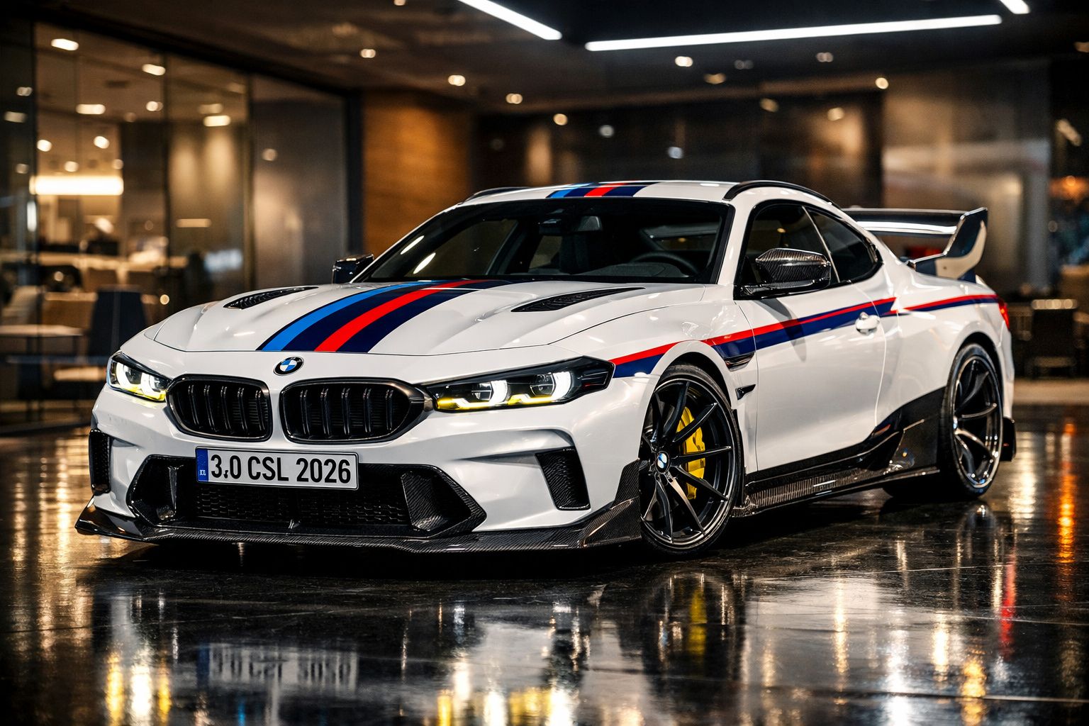 Automóvel desportivo BMW branco com riscas azuis e vermelhas estacionado em piso brilhante interior.