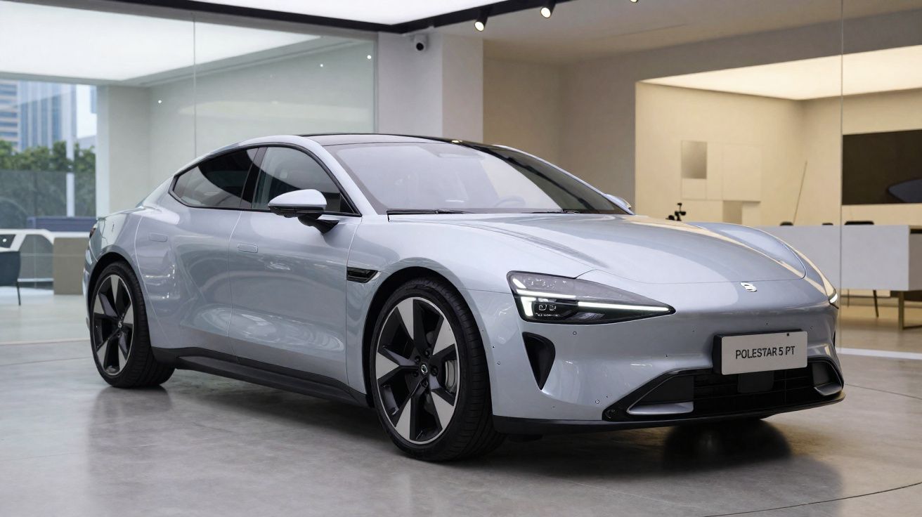 Automóvel elétrico cinzento Polestar 5 PT estacionado em espaço interior moderno com chão cinza.