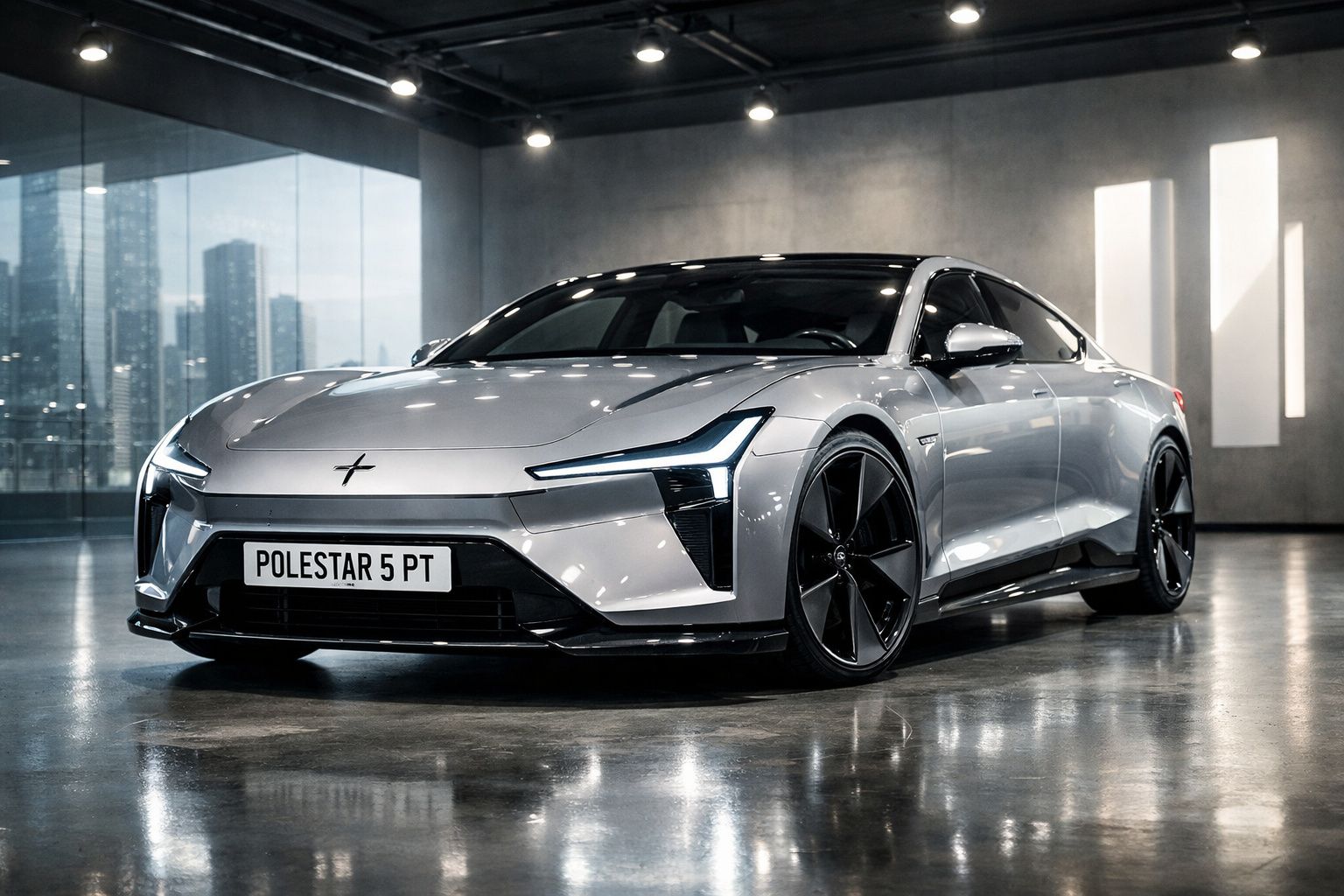 Carro elétrico desportivo Polestar 5 prateado estacionado em garagem moderna com iluminação artificial.
