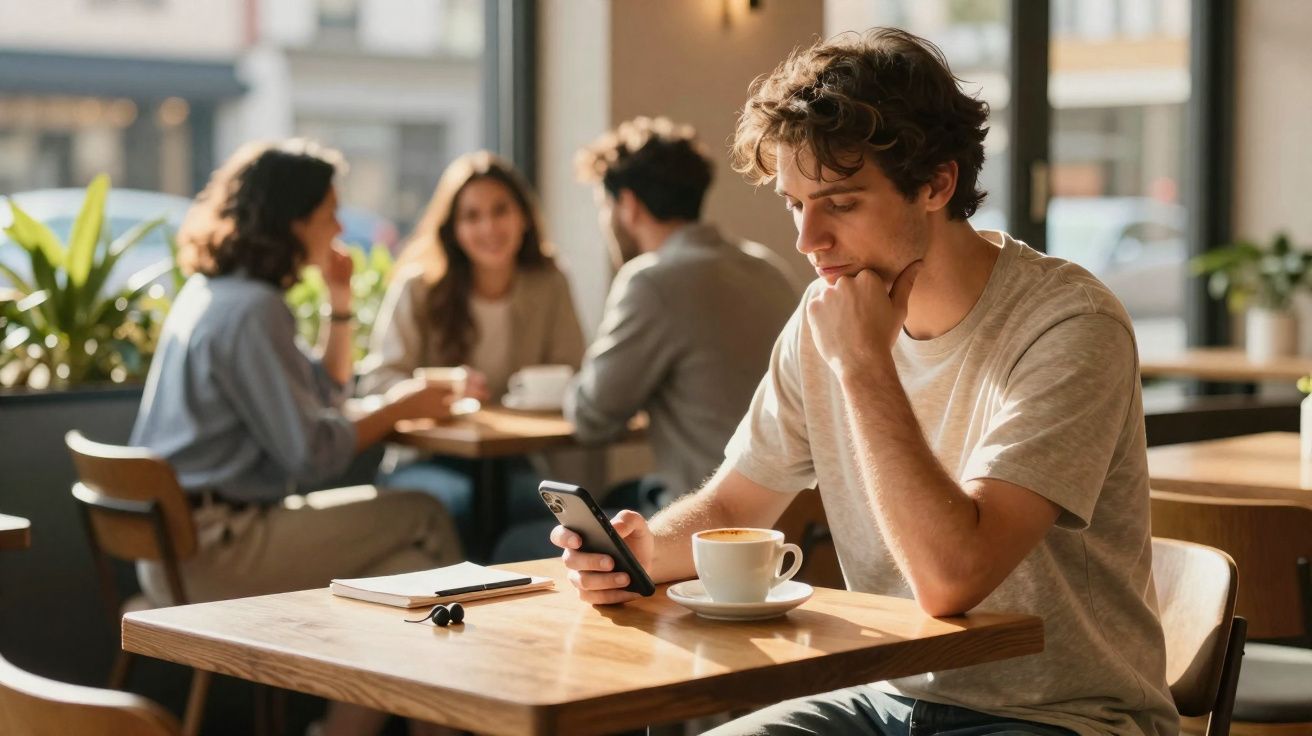 Jovem sentado sozinho numa mesa de café, a olhar para o telemóvel, com grupo de amigos ao fundo.