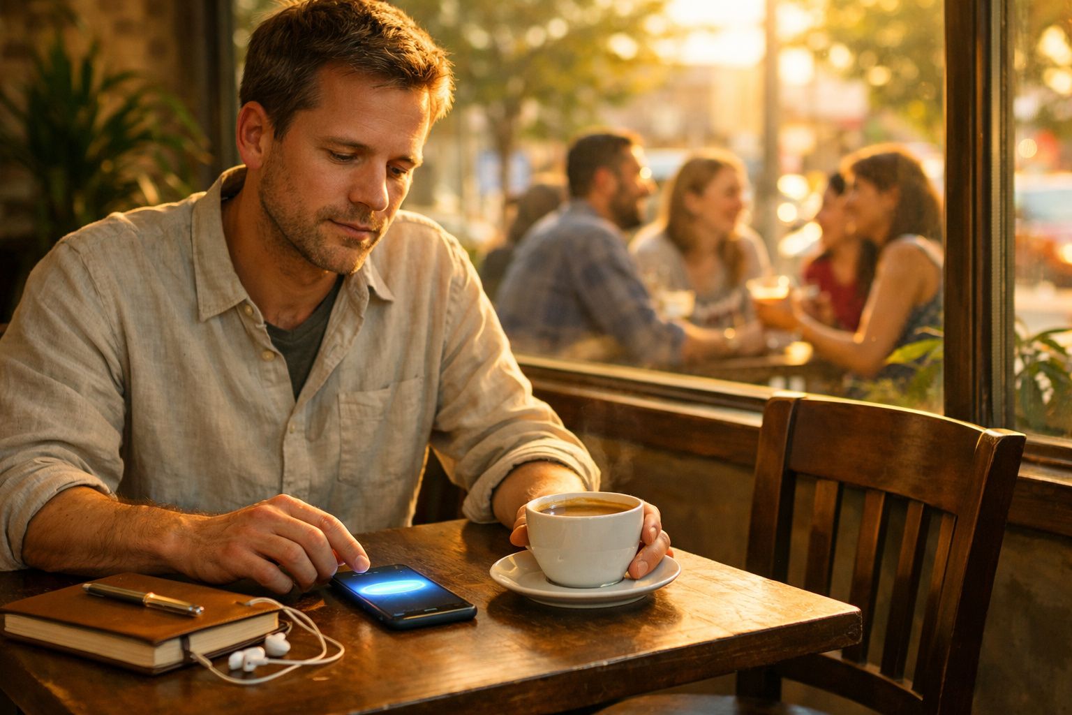 Homem a usar telemóvel e a beber café num café, com grupo de pessoas ao fundo sentado e a conversar.