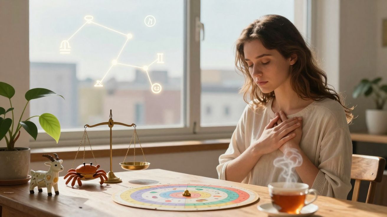 Mulher sentada à mesa com símbolos astrológicos, zodíaco e uma chávena de chá fumegante.