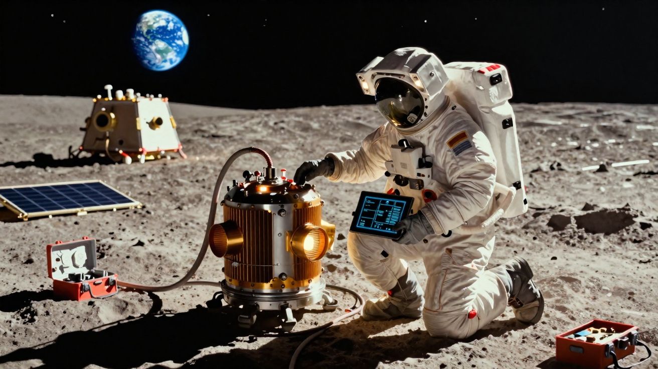 Astronauta em fato espacial com tablet, operando equipamento científico na superfície lunar com Terra visível ao fundo.
