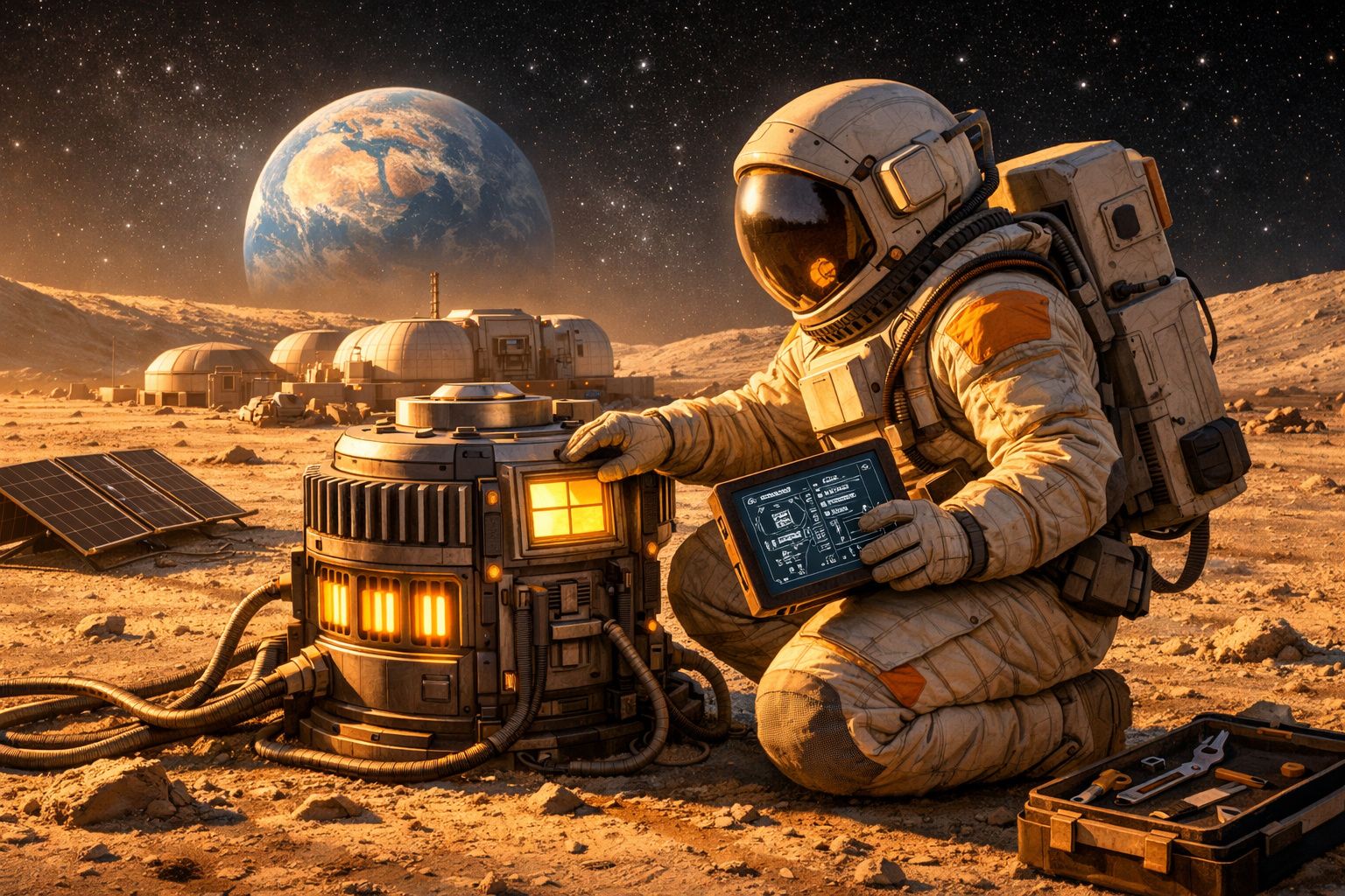 Astronauta em fato espacial a operar equipamento numa base lunar com a Terra visível no céu estrelado.