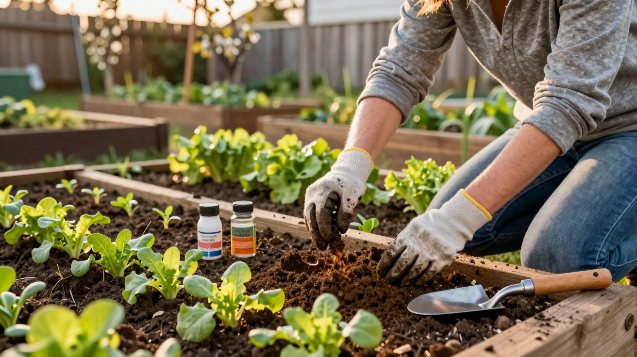 Pessoa a cuidar de plantas jovens numa horta com luvas e ferramentas de jardinagem ao pôr do sol.