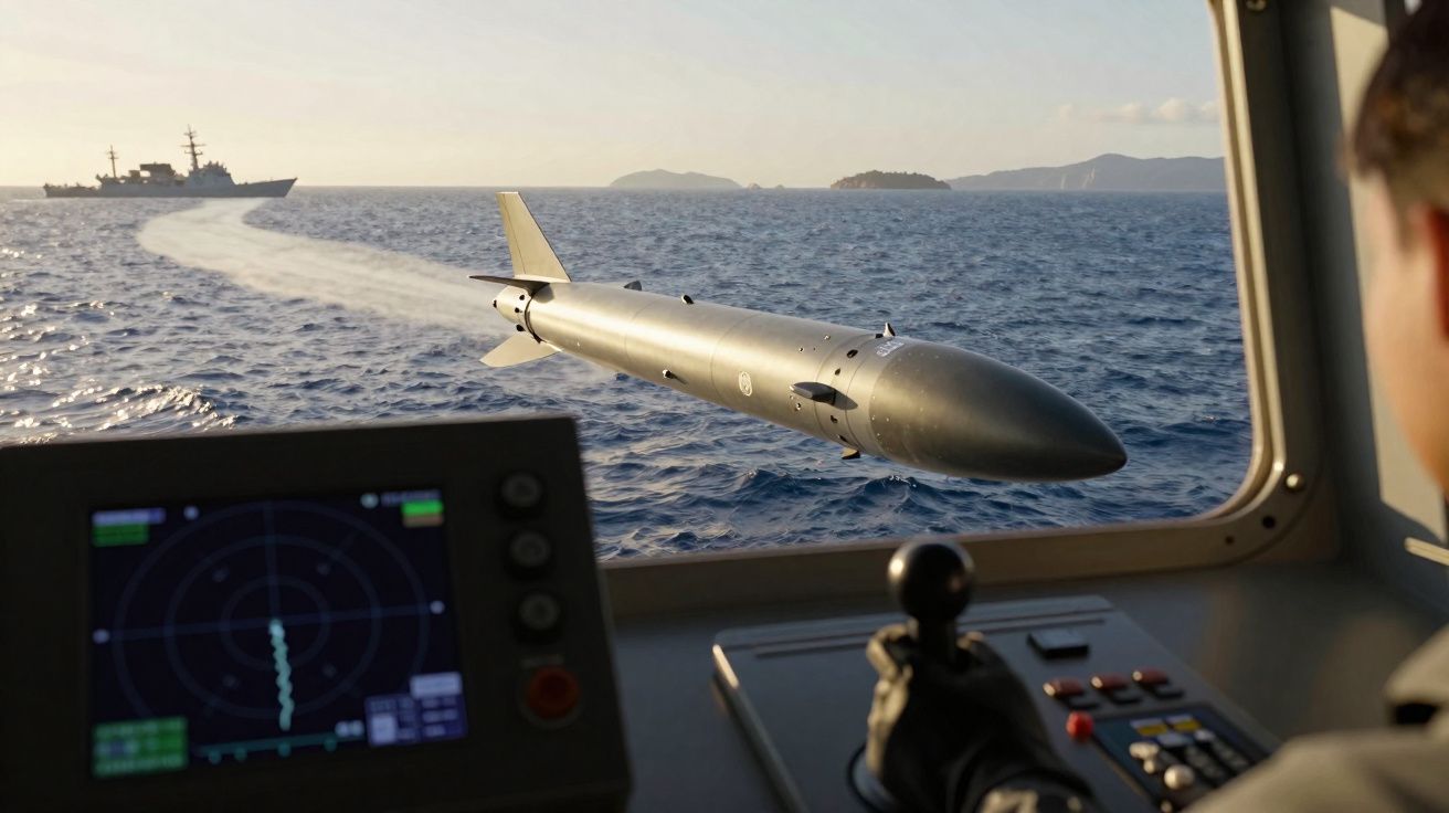 Torpedo a lançar-se no mar visto do interior de um navio com comando e radar em primeiro plano.