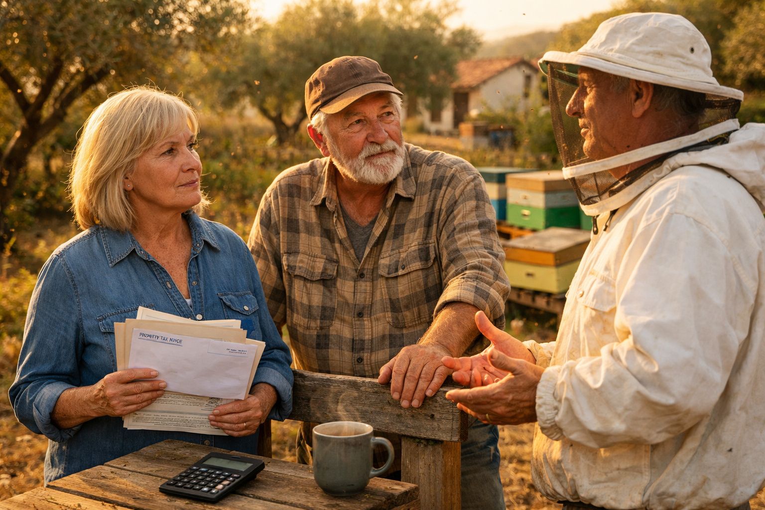 Casal conversa com apicultor vestido em fato de proteção junto a colmeias num ambiente rural ao entardecer.