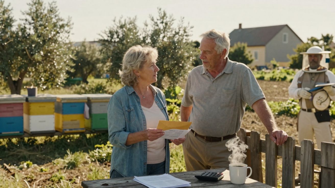 Casal idoso conversa junto a colmeias, com apicultor ao fundo e uma chávena de café sobre a mesa de madeira.