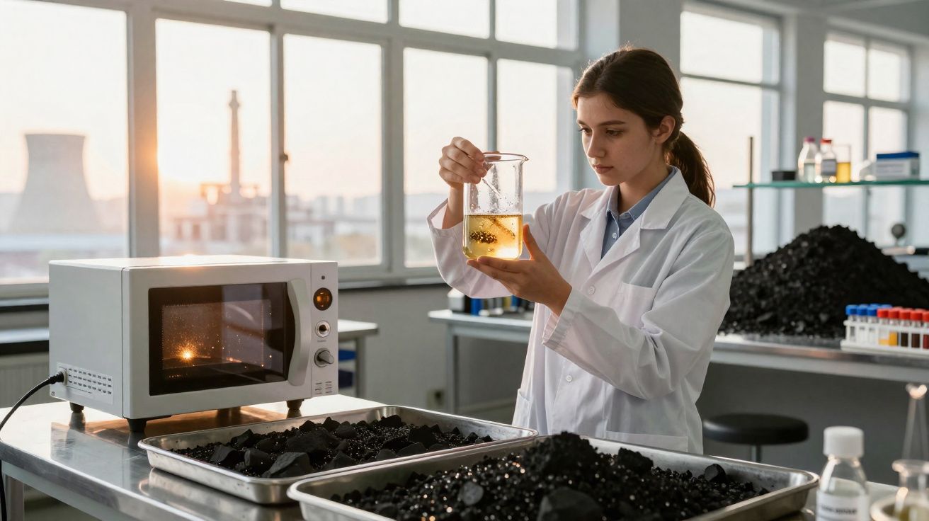 Cientista numa sala de laboratório a analisar líquido amarelo num béquer, com bandejas de carvão e micro-ondas.