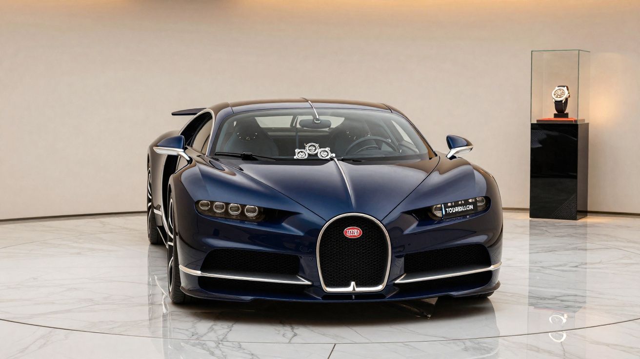 Carro desportivo Bugatti azul escuro estacionado em chão de mármore branco, com relógio numa urna ao fundo.