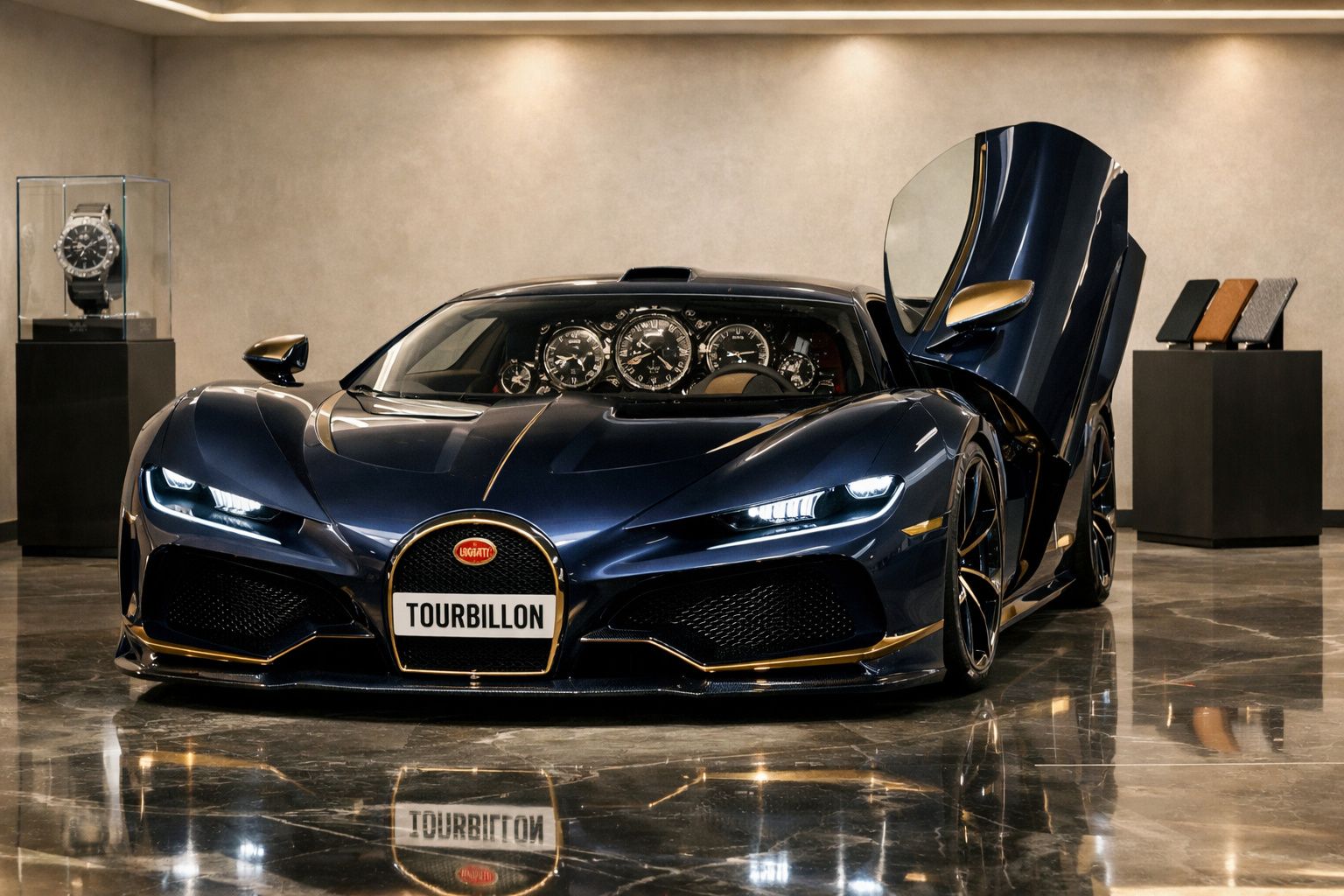 Bugatti desportivo azul com portas em asa de gaivota em exposição interior com relógios ao fundo.