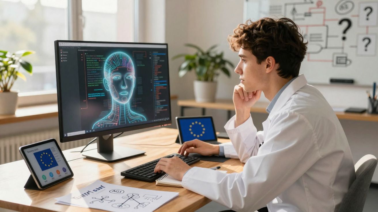 Jovem cientista a analisar modelo digital de rosto humano num ambiente de laboratório moderno.