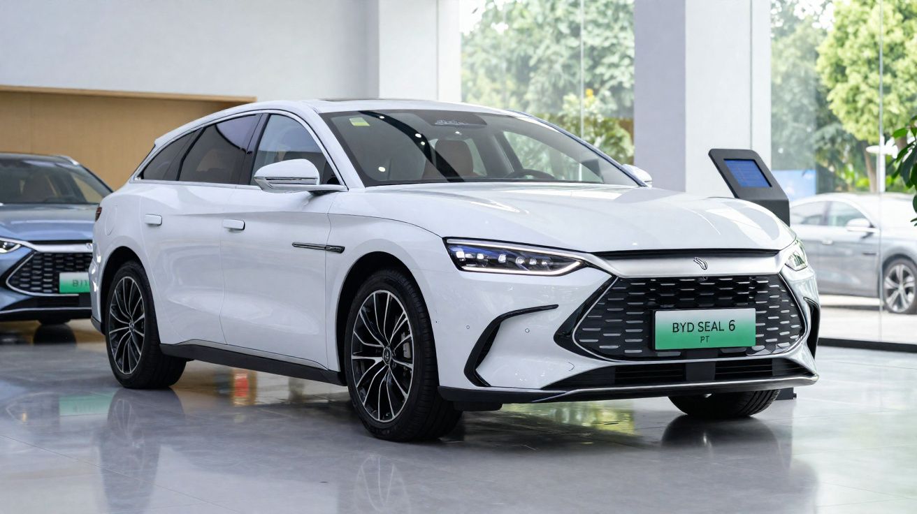 Carro elétrico branco BYD Seal 6 estacionado em showroom com portas escurecidas e rodas desportivas.