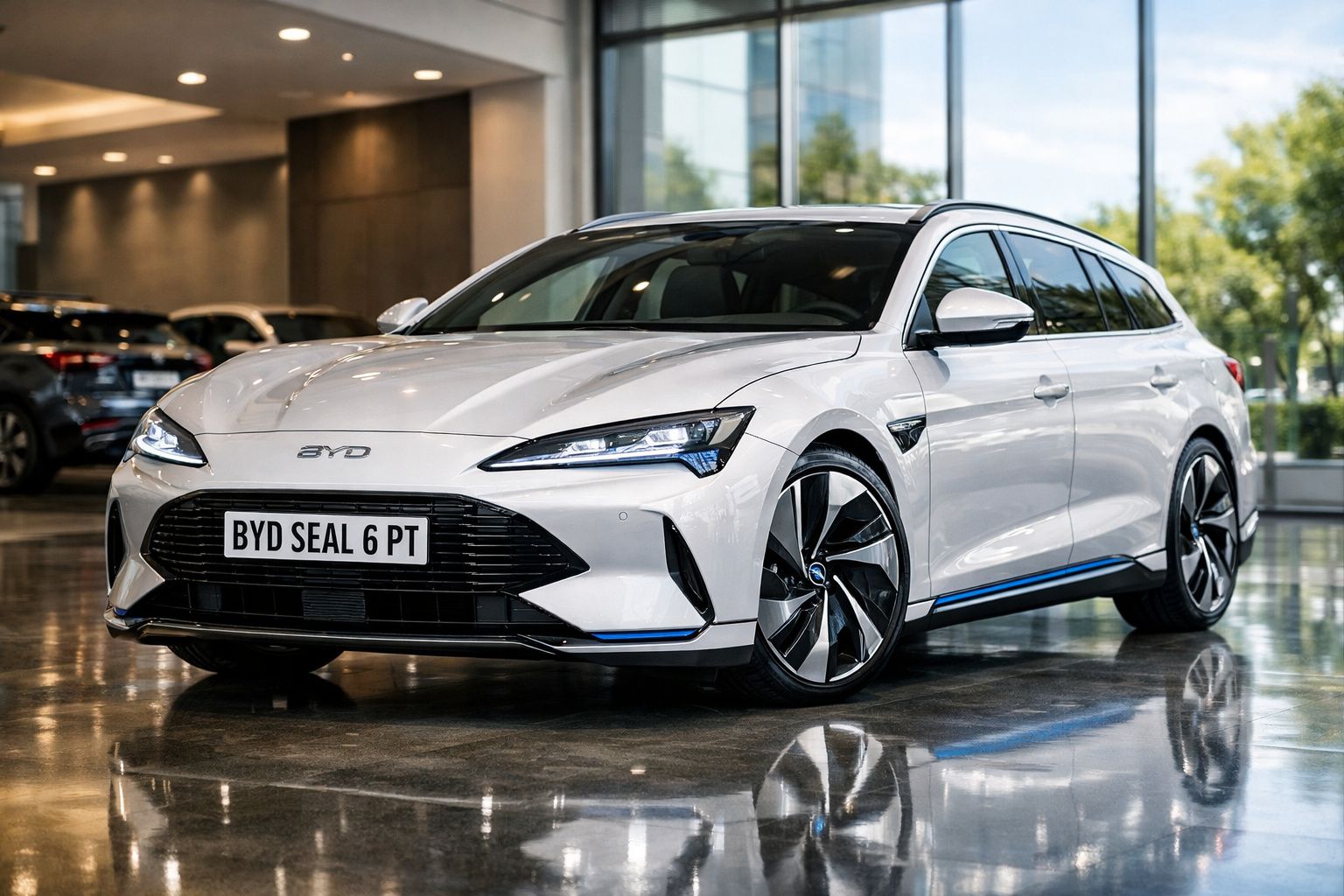 Carro elétrico BYD Seal 6 PT branco, estacionado em interior moderno com chão refletor.