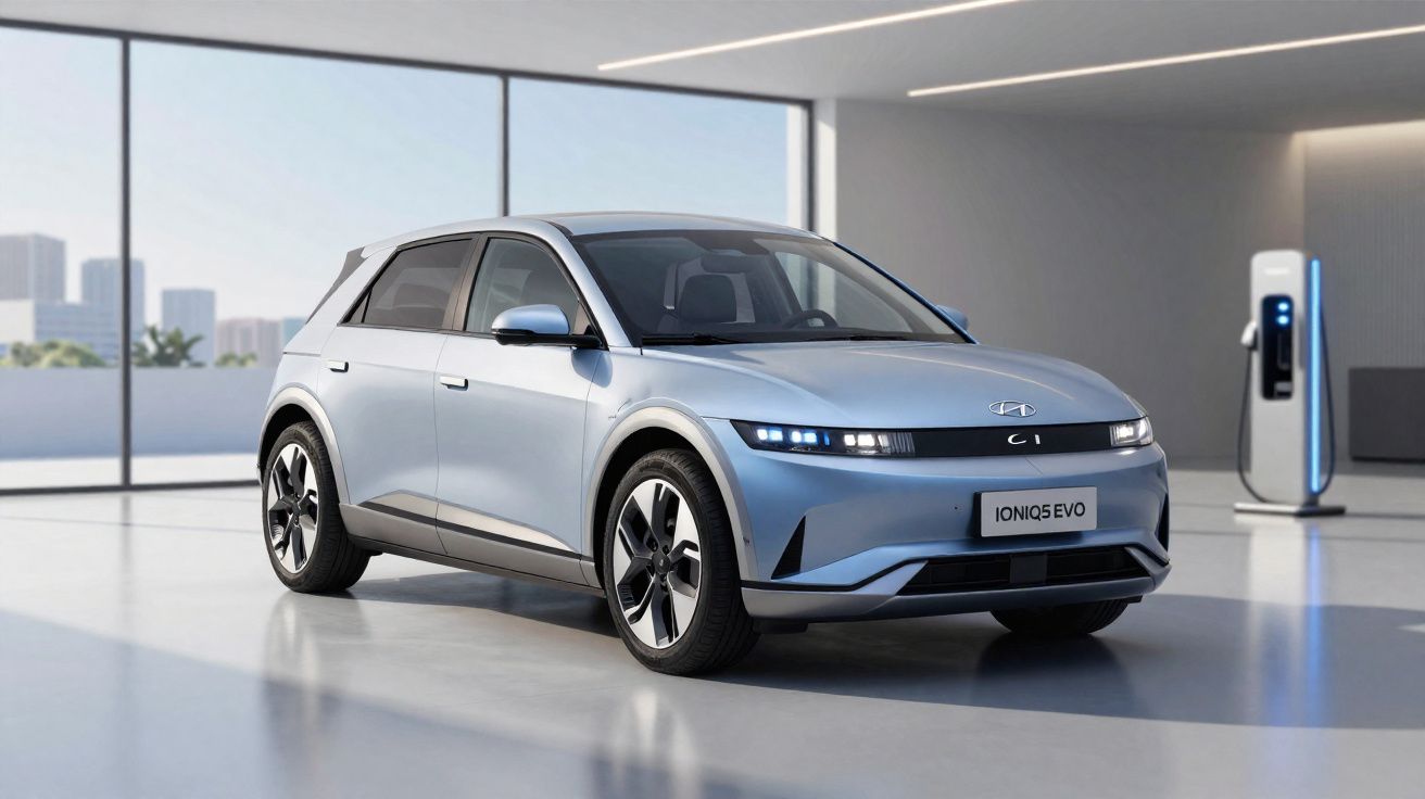 Automóvel elétrico Hyundai Ioniq 5 Evo prateado estacionado em garagem com posto de carregamento.