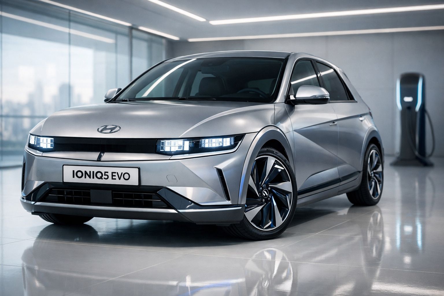 Carro elétrico prata Hyundai Ioniq 5 EVO estacionado em interior moderno com carregador ao fundo.