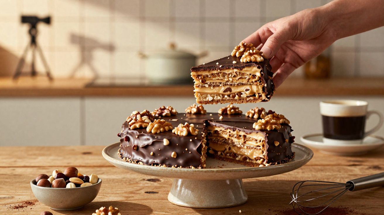 Bolo de camadas coberto com chocolate e noz, fatia a ser retirada numa cozinha aconchegante.