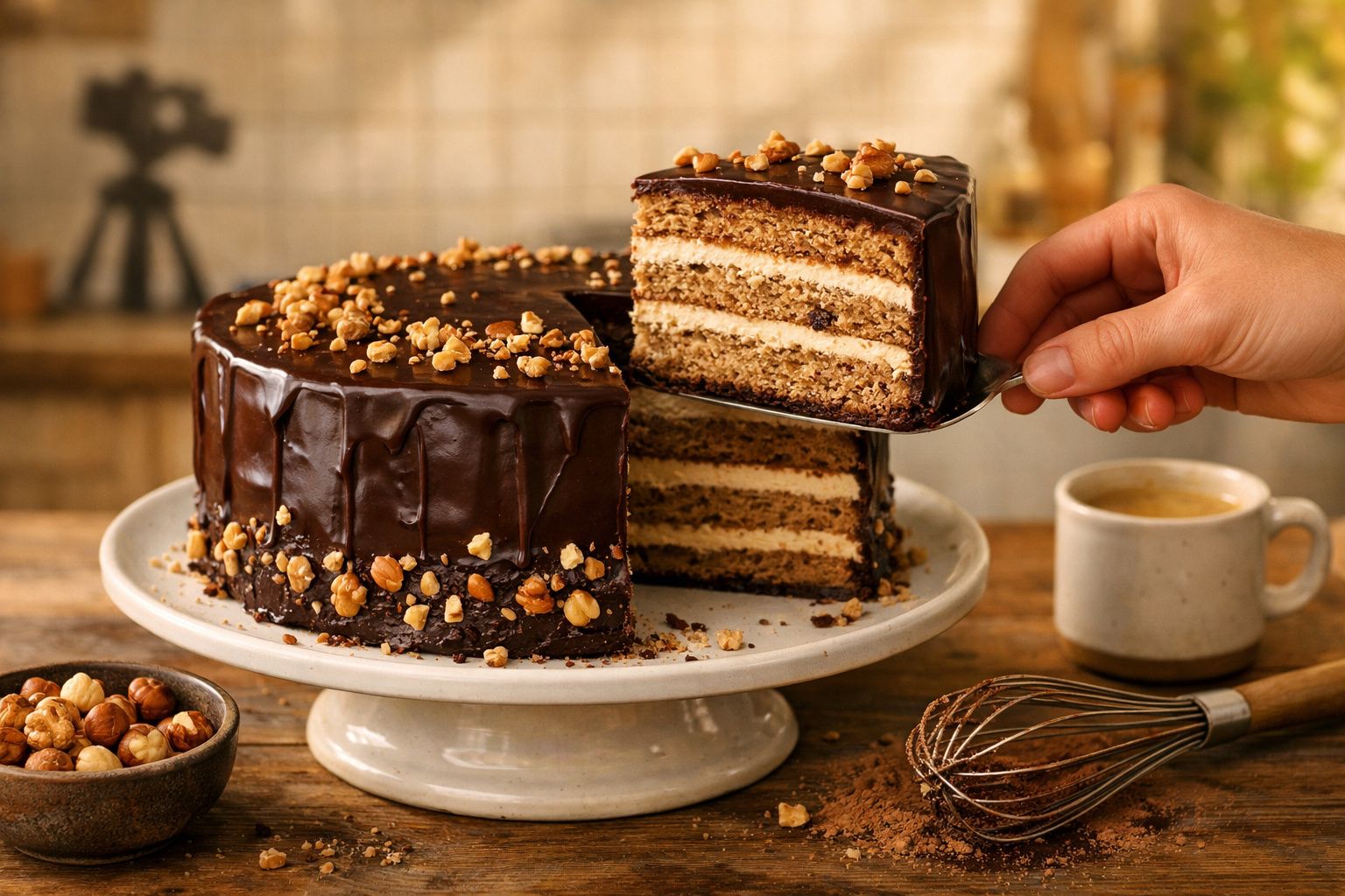 Bolo de chocolate com camadas de creme e avelãs, fatia a ser servida, chávena e batedor na mesa.