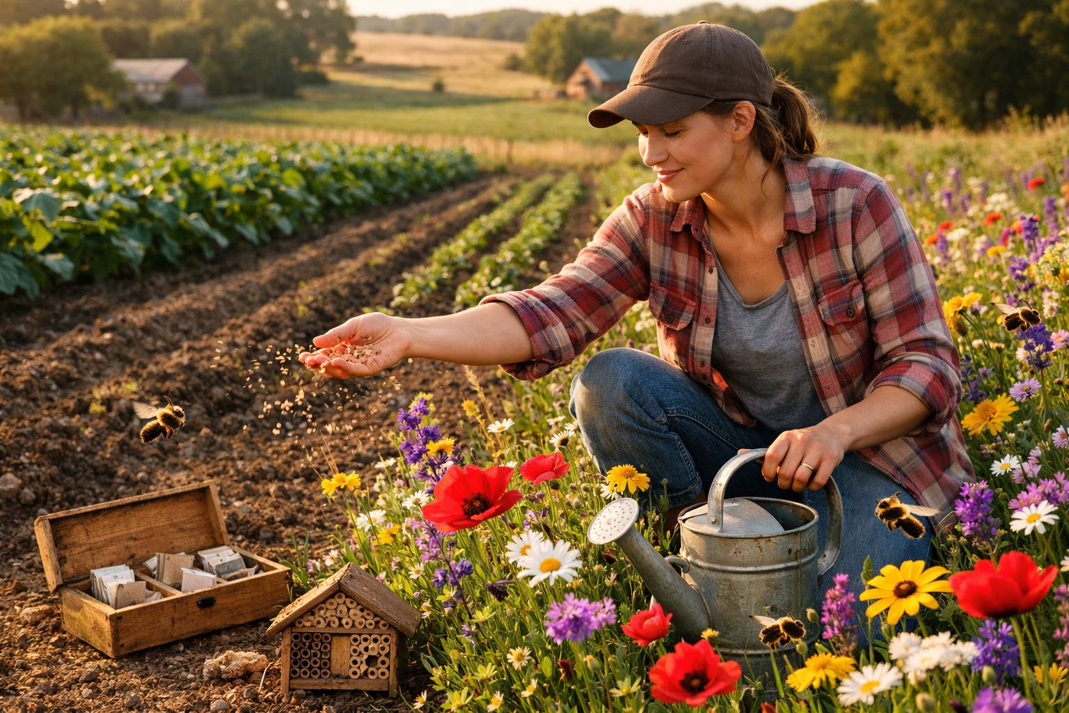 Mulher no campo a alimentar abelhas junto a flores coloridas e caixa de sementes numa manhã ensolarada.