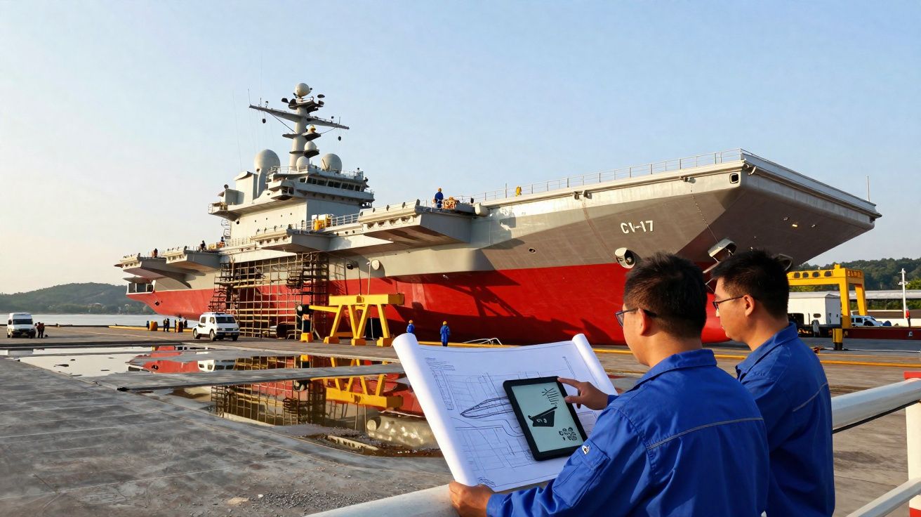 Dois engenheiros analisam plantas junto a um grande porta-aviões vermelho e cinzento em doca seca.