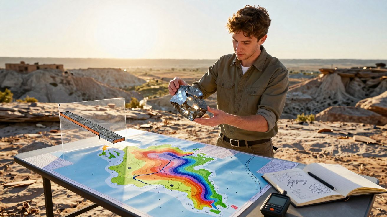 Jovem analisa modelo lunar com mapa colorido e caderno de anotações numa mesa ao ar livre.