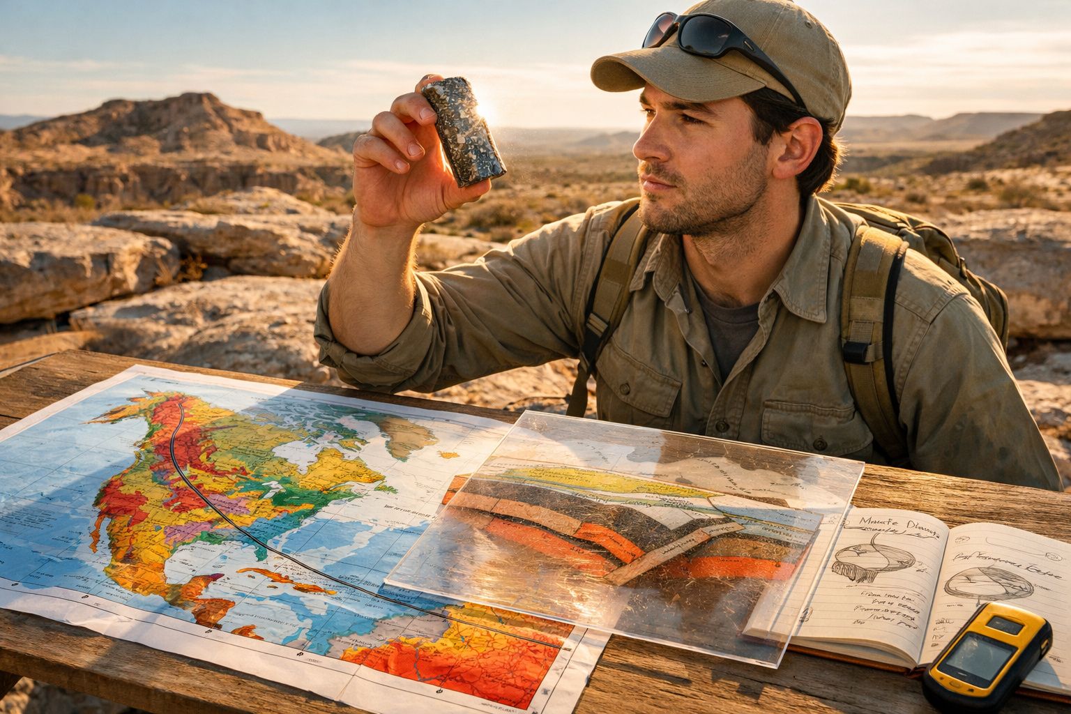 Homem com mochila estuda amostra geológica junto a mapas e caderno num ambiente desértico rochoso.