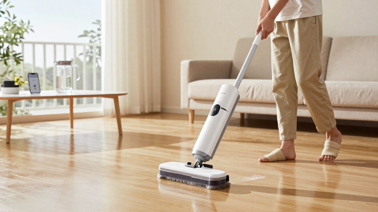 Pessoa a limpar chão de madeira com esfregona elétrica branca numa sala clara e minimalista.