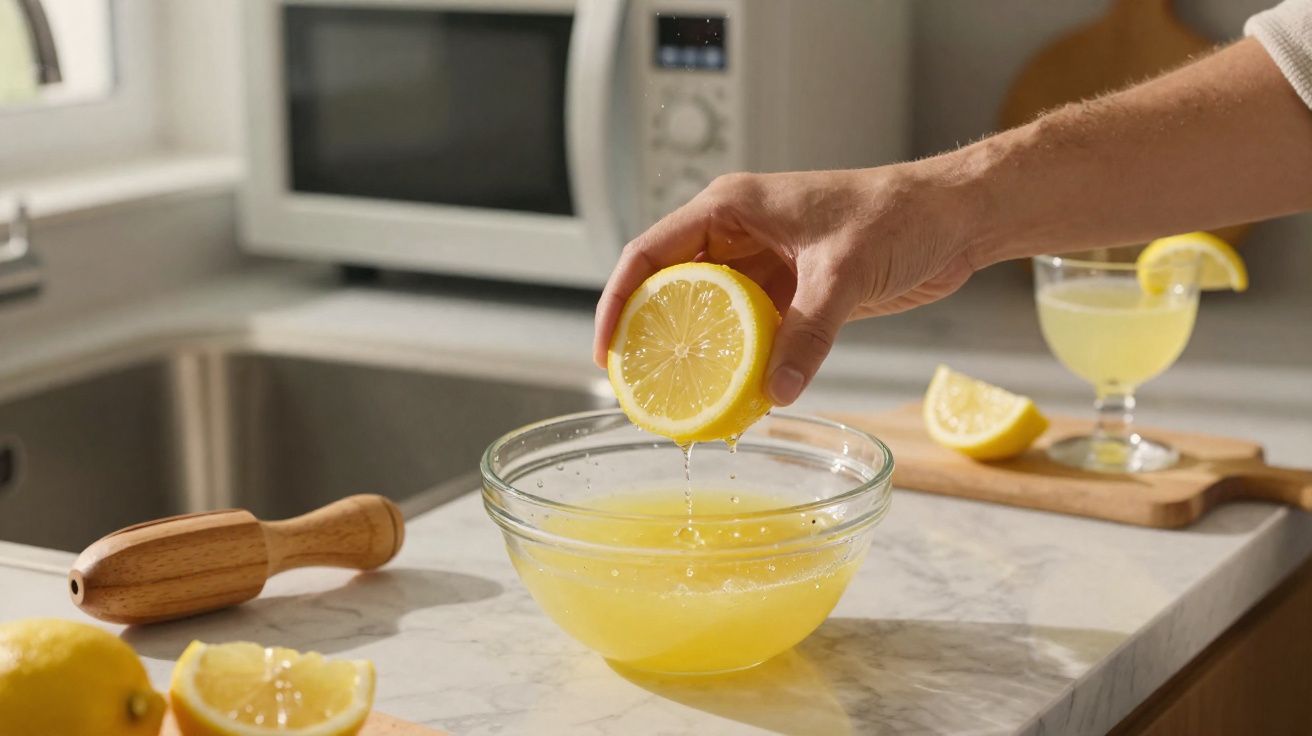 Mão a espremer meio limão sobre taça com sumo de limão numa cozinha clara e moderna.