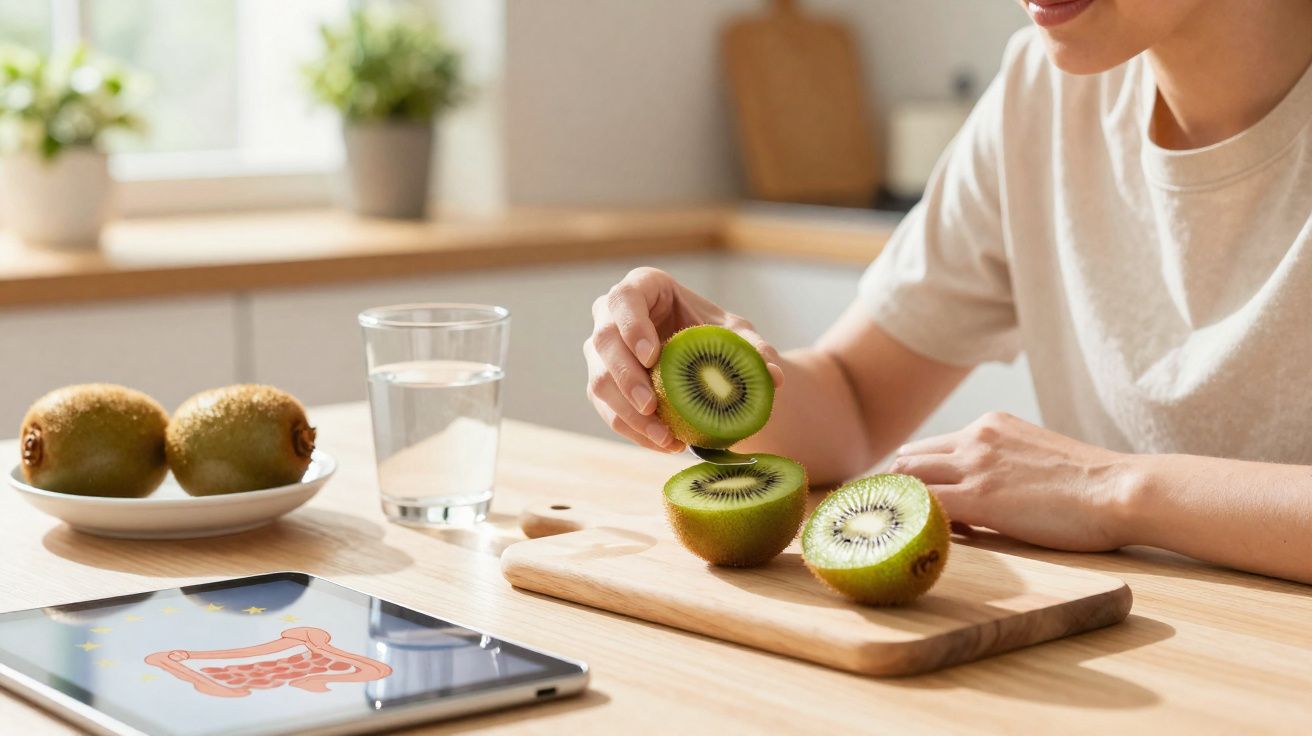 Pessoa a cortar um kiwi ao meio numa tábua de madeira numa cozinha iluminada, perto de um tablet e um copo de água.