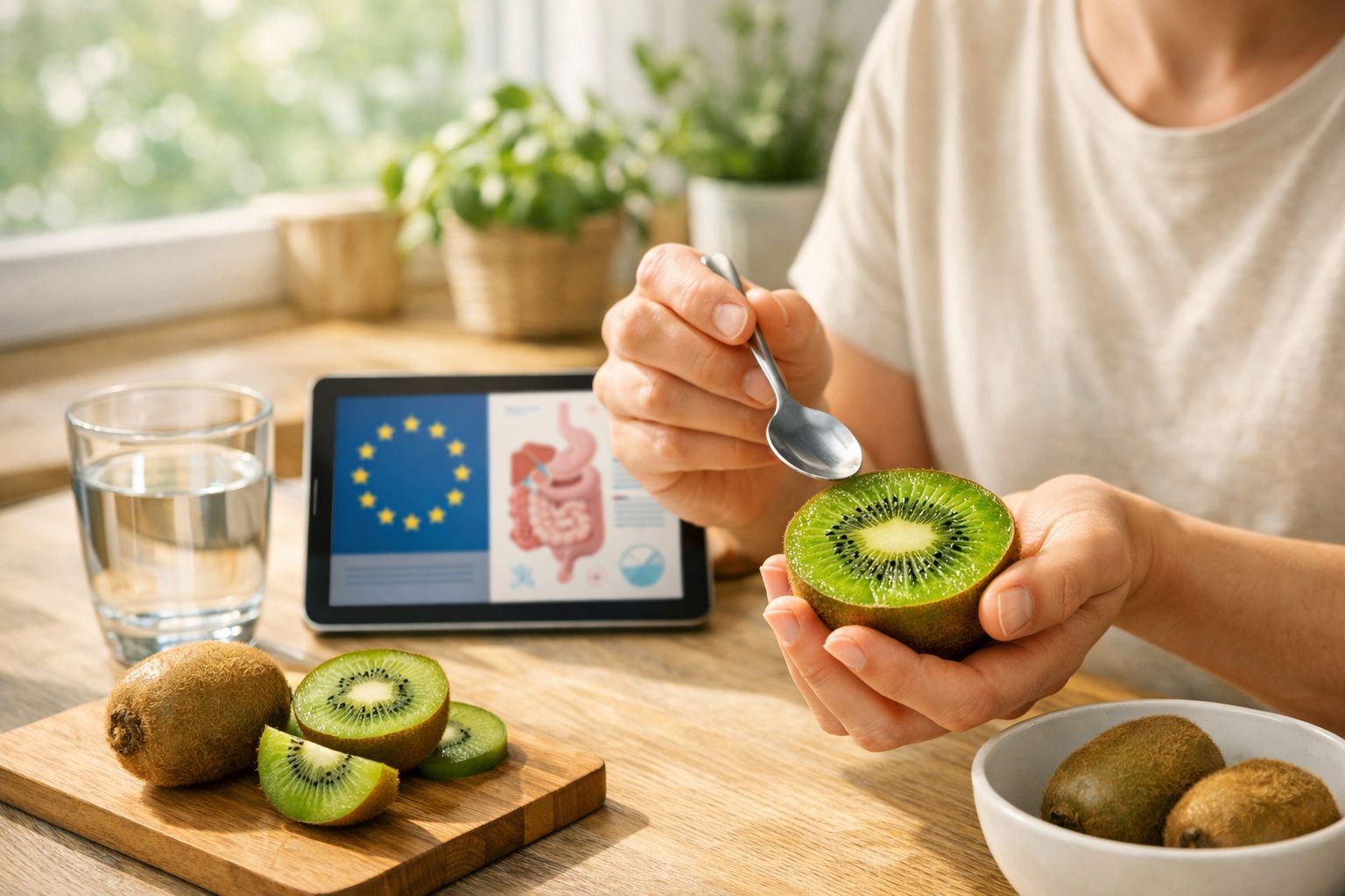 Pessoa segurando um kiwi cortado ao meio com colher, junto a tablet com gráfico do sistema digestivo e copo de água.