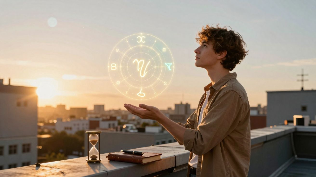 Jovem observa um círculo zodiacal holográfico ao pôr do sol numa varanda na cidade.