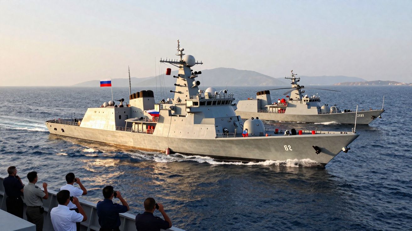 Duas fragatas russas a navegar no mar com pessoas a observá-las a partir de outro navio.