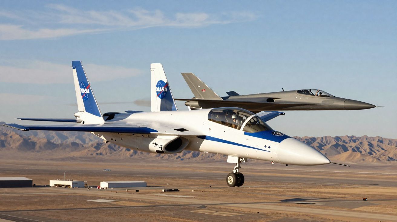 Dois aviões de alta velocidade a voar próximos sobre um deserto montanhoso, um com logotipo da NASA.