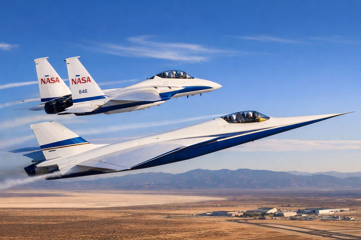 Dois aviões da NASA em voo baixo sobre um deserto com montanhas ao fundo.